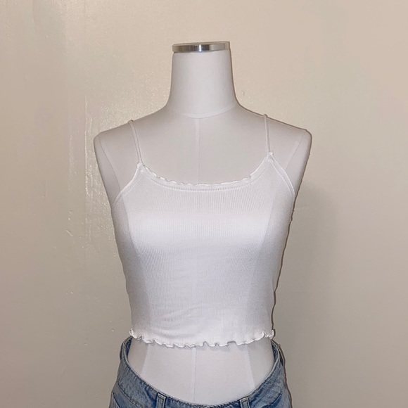 White Ribbed Crop Tank Top Ruffled Edges - Picture 2 of 5